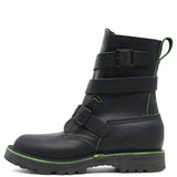 A black leather ankle boot with three adjustable strap closures and bright green contrast stitching, shown from a side profile on a white background.