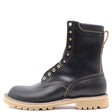 Black eight inch boots with padded collar, brass hardware, and a honey unit lug outsole in front of a white background.