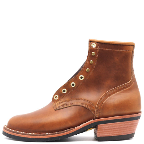 Brown ankle boot with brass hardware and a classic heel stack in front of a white background.