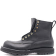 Black ankle boot with a moccasin toe, brass hardware, padded gusset, and comfort flex notches in front of a white background