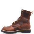 A single brown leather lace-up boot with brass eyelets, a pull loop, and a black rubber sole, shown from a side profile on a white background.