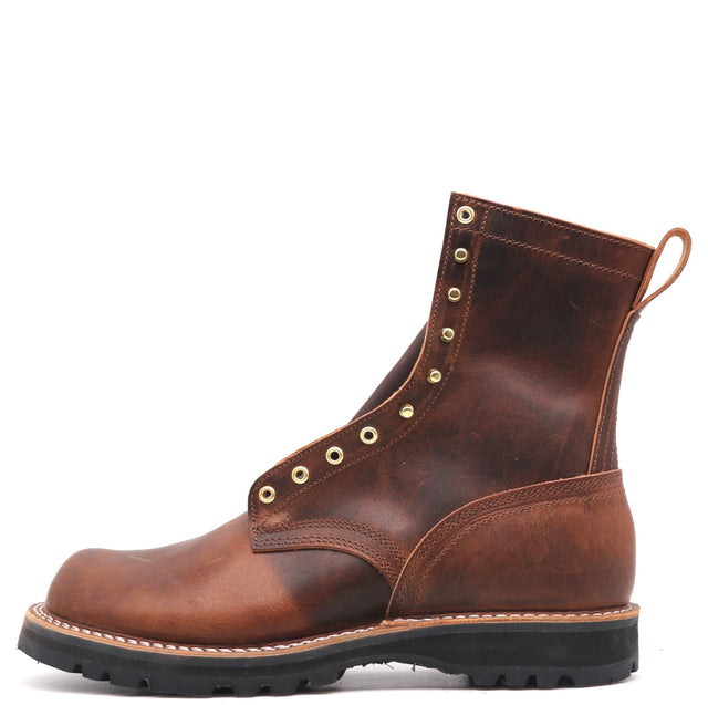 A single brown leather lace-up boot with brass eyelets, a pull loop, and a black rubber sole, shown from a side profile on a white background.
