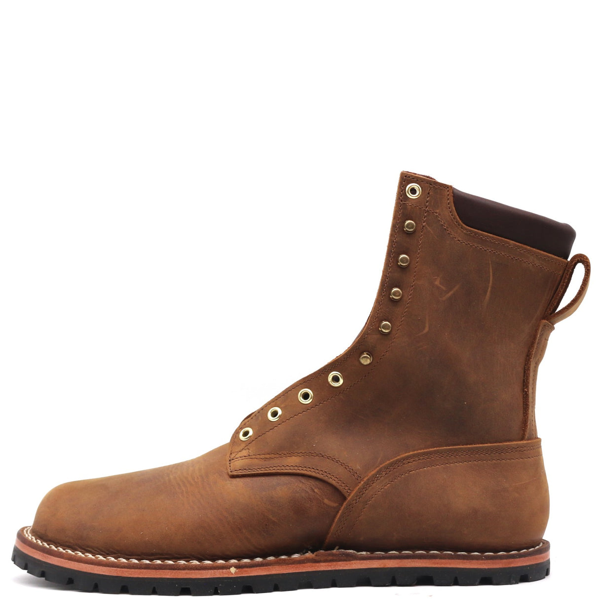 A single brown leather lace-up boot with brass eyelets, a pull tab, and a black rubber sole, shown from a side profile on a white background.