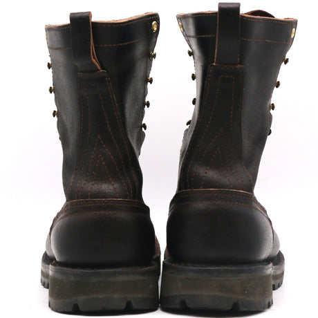 Pair of brown leather boots shown from behind. Heel counters and two-piece backstays are visible in front of a white background.