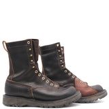 A pair of rugged dark brown leather lace-up boots with tan stitching and brass eyelets, shown against a plain white background.