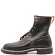 Dark brown colored boot with 360 degree sole stitching and brass eyelets. Shown from the side in front of a white background.