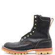 A black leather lace-up ankle boot with brass eyelets, a tan rubber sole, and a pull tab, shown from a side profile on a white background.