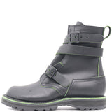 Black Tanker style boot with two buckles and a Sierra outsole in front of a white background.