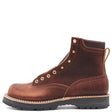 A brown leather lace-up ankle boot with brass eyelets, a pull tab, and a thick black lug sole, shown from a side profile on a white background.