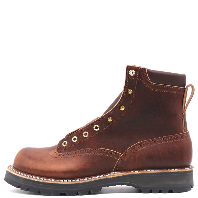 A brown leather lace-up ankle boot with brass eyelets, a pull tab, and a thick black lug sole, shown from a side profile on a white background.