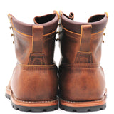 Pair of brown boots shown together from the back. Photographed depicting heel counters, backstays, pull loops, and padded collars. Boots show signs of wear.
