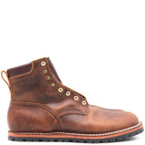 Pair of worn brown leather boots shown from the right side profile with brass hardware and a flat outsole in front of a white background.