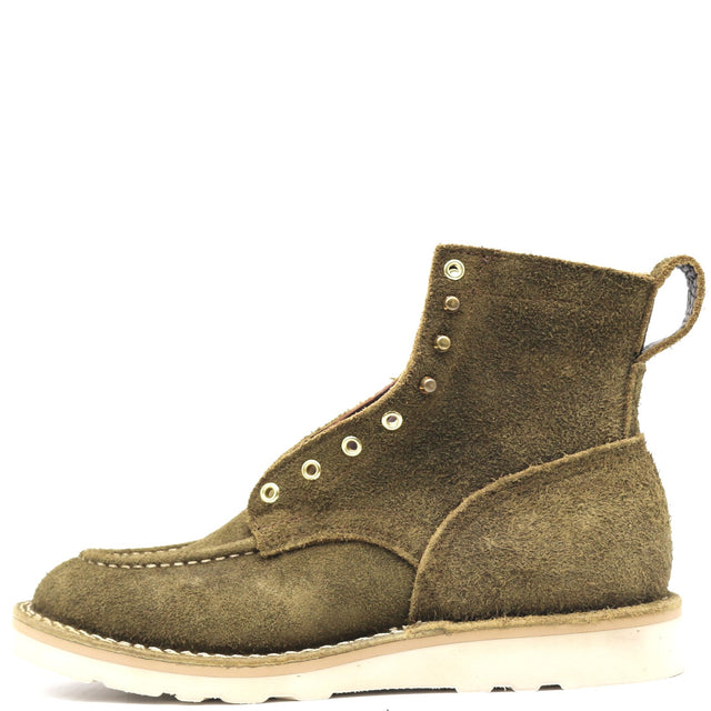 A single mid-calf suede boot in olive green with metal eyelets, contrast stitching, and a thick off-white sole, shown against a plain white background.