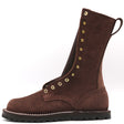 Photo of a single tall brown boot with a flat outsole and brass hardware in front of a white background.