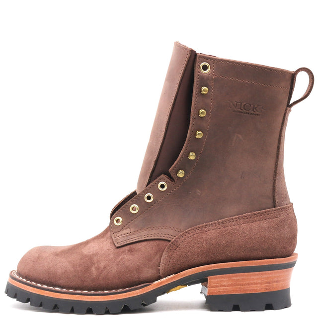 A brown suede and leather ankle boot with gold-tone metal eyelets, a pull loop, and a stacked wood-and-leather heel, shown from a side profile on a white background.