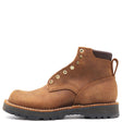 A brown leather lace-up ankle boot with brass eyelets, a pull tab, and a thick black lug sole, shown from a side profile on a white background.