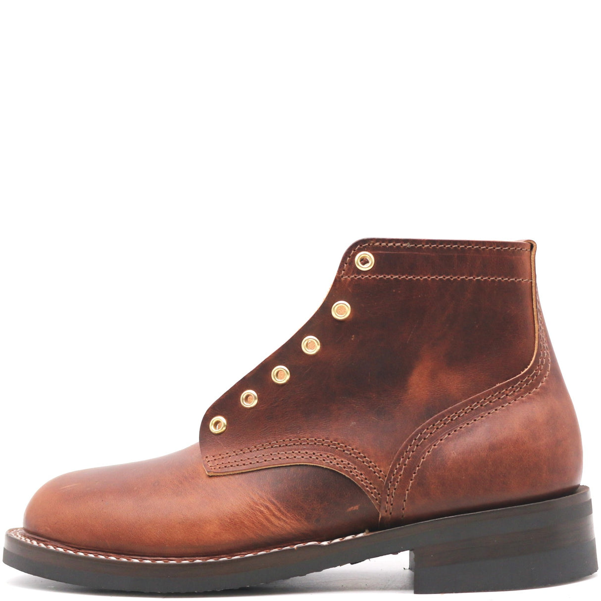 A single brown leather ankle boot with gold-tone metal eyelets and laces, shown from a side profile on a white background.