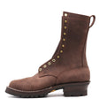 Tall brown leather boot with brass hardware and lug outsole shown from the side in front of a white background.