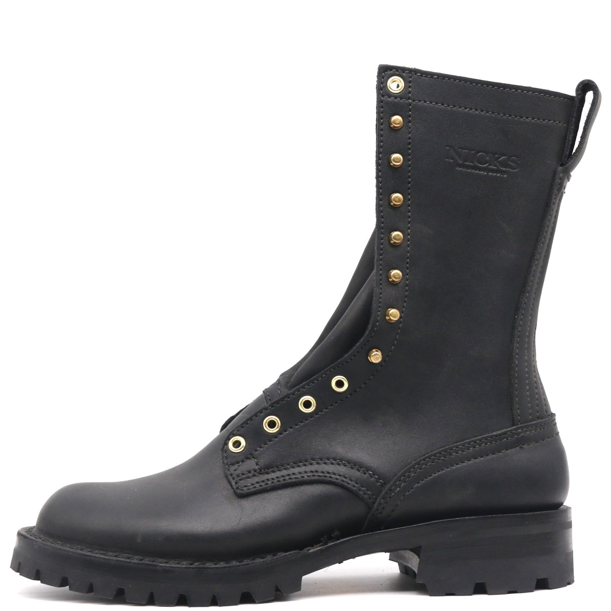 Tall black fire boot with Red-X lug outsole burn resistant sole stitching, and brass hardware in front of a white background.