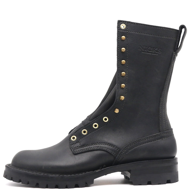 Tall black fire boot with Red-X lug outsole burn resistant sole stitching, and brass hardware in front of a white background.