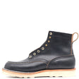 Black leather boot with a moccasin toe, brass hardware, and a white wedge outsole shown from the side profile in front of a white background.