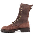 Photograph of a tall brown leather fire boot with red-x lug outsole, and burn resistant sole stitching in front of a white background.