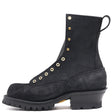 Tall black lace to toe leather boot with red-X outsole, burn resistant sole stitching, and brass hardware in front of a white background.
