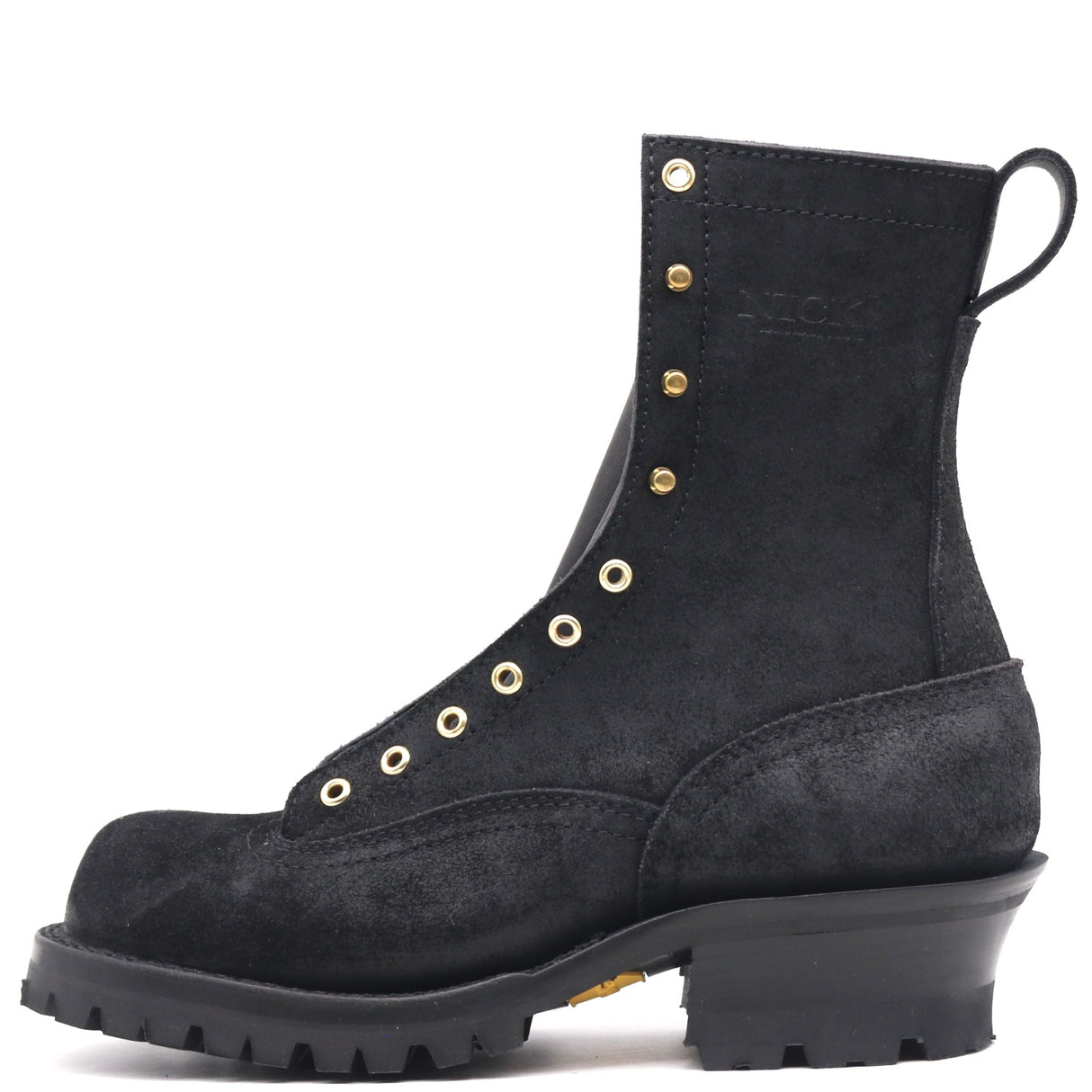 Tall black lace to toe leather boot with red-X outsole, burn resistant sole stitching, and brass hardware in front of a white background.