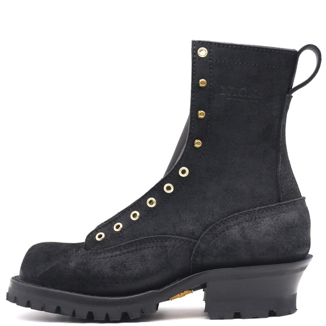 Tall black lace to toe leather boot with red-X outsole, burn resistant sole stitching, and brass hardware in front of a white background.