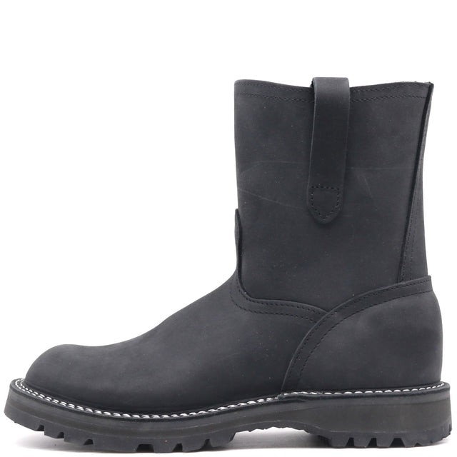 A single black leather ankle boot with a pull tab on the back, set against a plain white background.