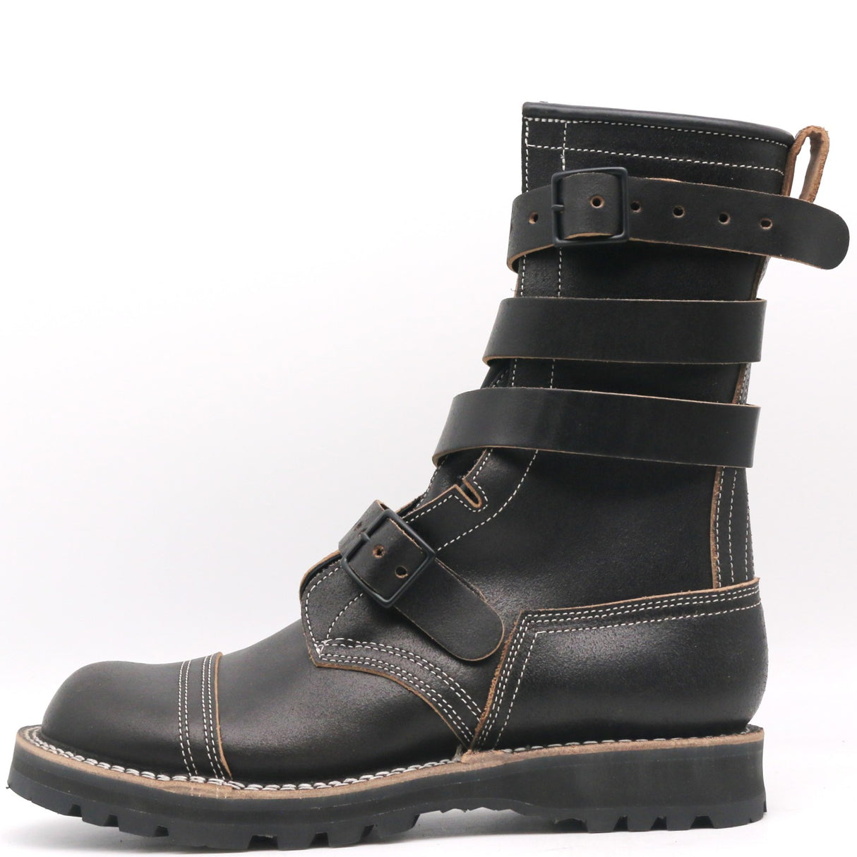A black leather mid-calf boot with multiple adjustable straps and contrast stitching, shown from a side profile on a white background.