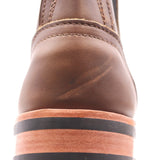 Close up photograph of the heel counter of a brown leather boot. Heel counter has visible scuff marks.