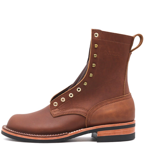 Eight inch brown boot with pull loop and brass hardware in front of a white background.