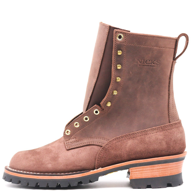 Brown suede eight inch leather boot with padded gusset and brass hardware in front of a white background.