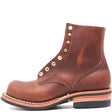 A single brown leather lace-up ankle boot with brass eyelets, shown in a side profile on a white background.