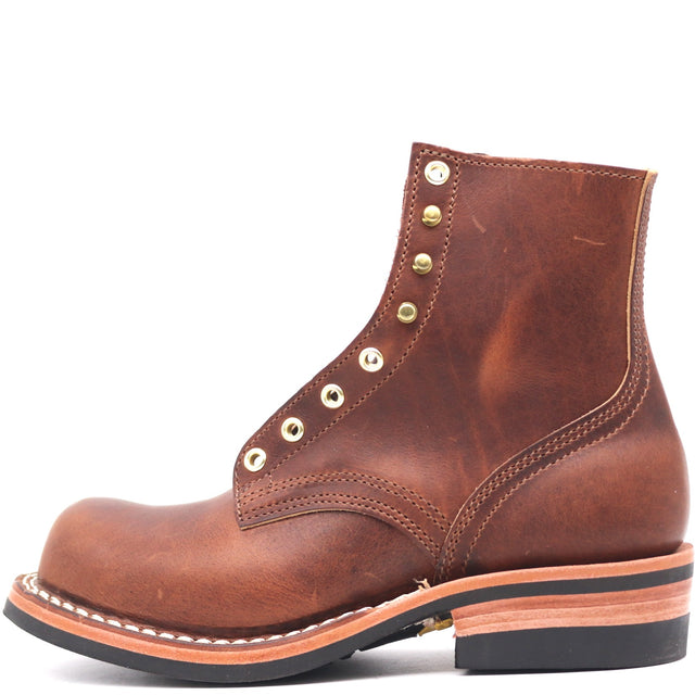 A single brown leather lace-up ankle boot with brass eyelets, shown in a side profile on a white background.
