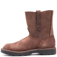 A brown suede mid-calf boot with a pull strap and contrast stitching, shown from a side profile on a white background.