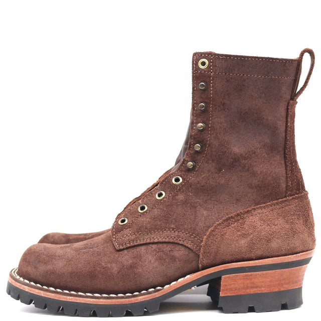 A pair of dark brown suede lace-up boots with a chunky block heel, showing the side profile against a white background.