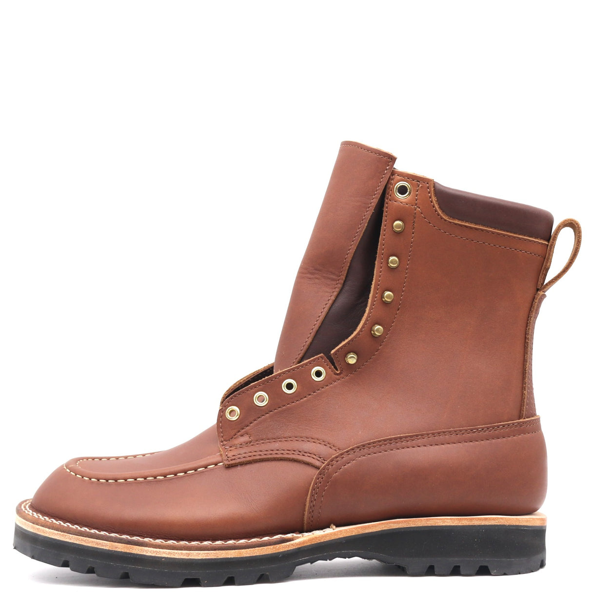 A brown leather lace-up ankle boot with brass-tone metal eyelets and pull tabs, shown from a side profile on a white background.