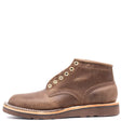 A brown leather lace-up ankle boot with gold-tone metal eyelets, a thick brown sole, and a light tan welt, shown from a side profile on a white background.