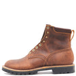 A brown distressed leather lace-up ankle boot with brass eyelets, a pull tab, and a black lug sole, shown from a side profile on a white background.