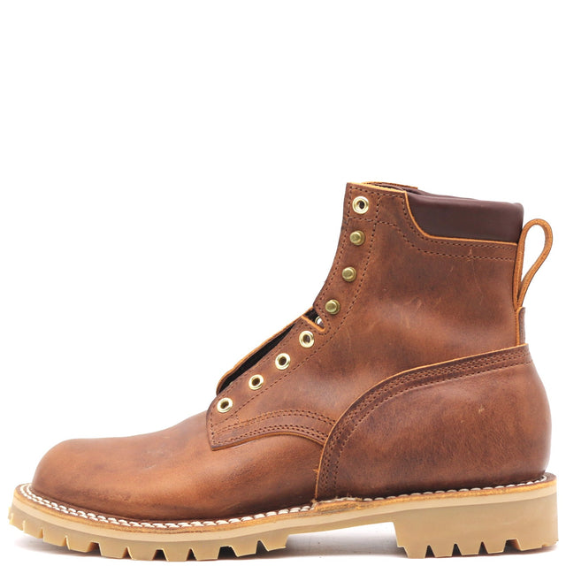 A brown leather lace-up ankle boot with brass eyelets, a pull tab, and a light tan lug sole, shown from a side profile on a white background.