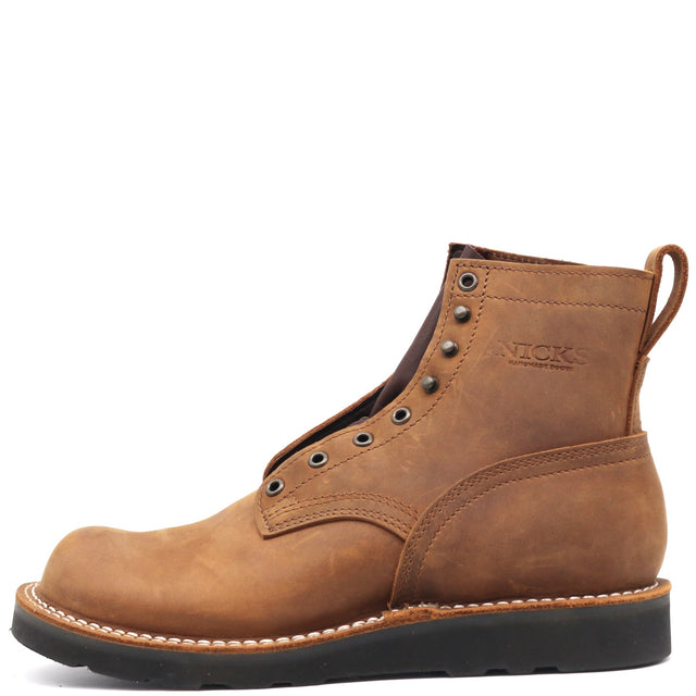 A single brown leather lace-up ankle boot with metal eyelets, contrast stitching, and a black sole, shown from a side profile on a white background.