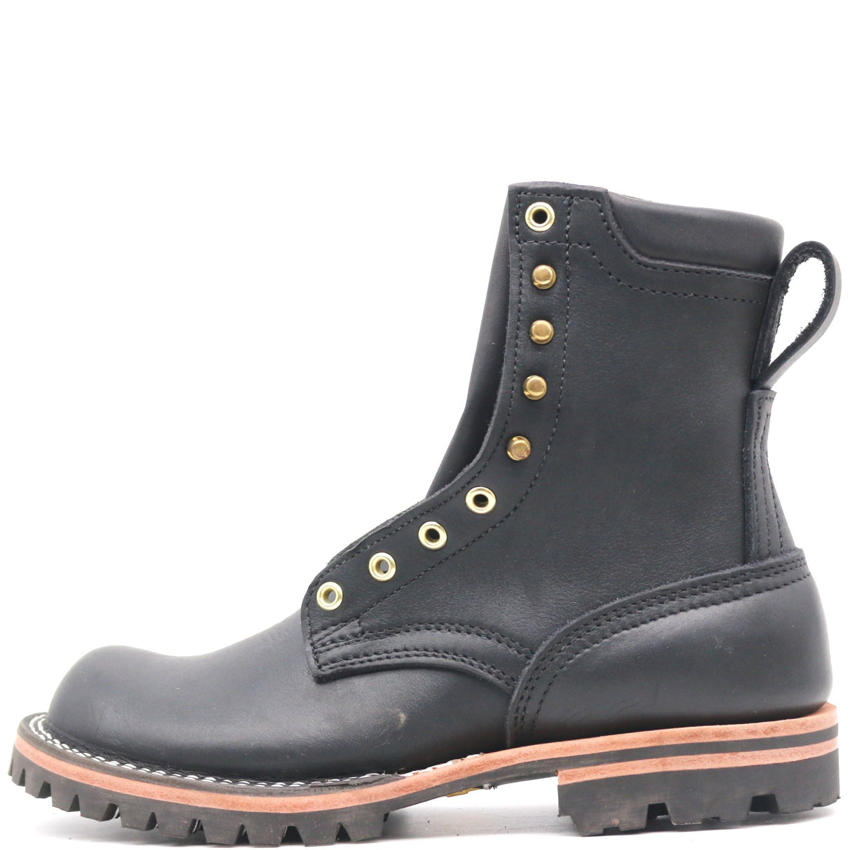 A black leather lace-up ankle boot with brass eyelets, a pull tab, and a rugged lug sole, shown from a side profile on a white background.