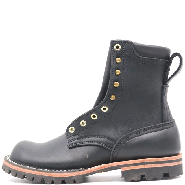 A black leather lace-up ankle boot with brass eyelets, a pull tab, and a rugged lug sole, shown from a side profile on a white background.