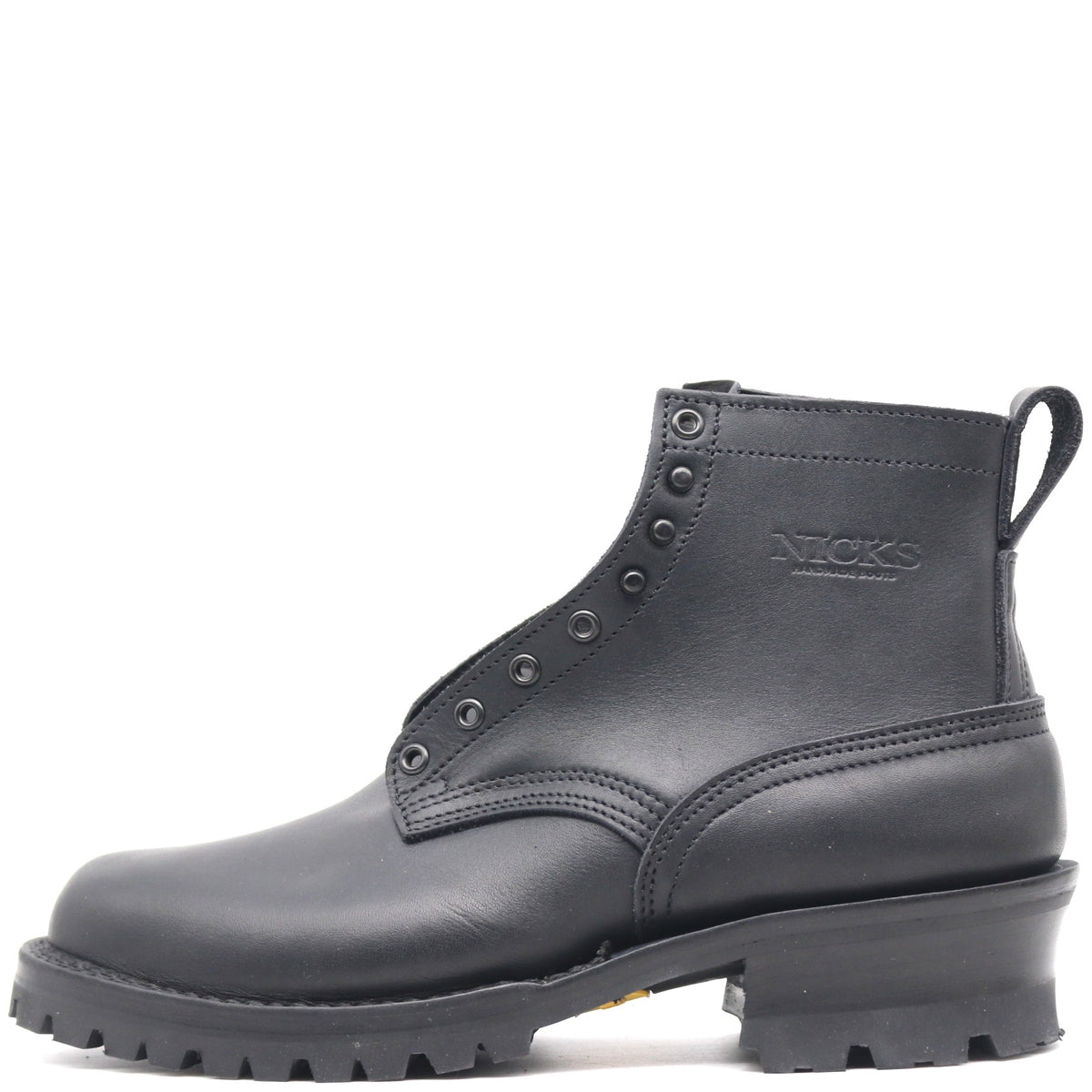 A black leather ankle boot with a rugged lug sole, side pull tab, and metal eyelets, shown from a side profile on a white background. The brand name 'NECKS' is embossed on the side.