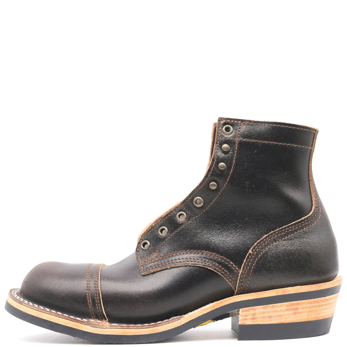 A single black leather lace-up ankle boot with a cap toe, decorative stitching, and a stacked wood-and-leather heel, shown from a side profile on a white background.