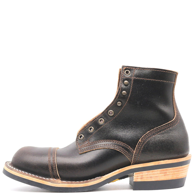 A single black leather lace-up ankle boot with a cap toe, decorative stitching, and a stacked wood-and-leather heel, shown from a side profile on a white background.