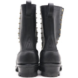 A pair of black leather mid-calf boots with gold-tone metal studs and laces, shown from the back against a white background.