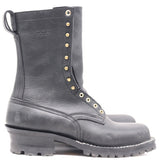 A pair of dark gray leather work boots with gold-tone metal eyelets and studs, shown from a side profile view against a white background.